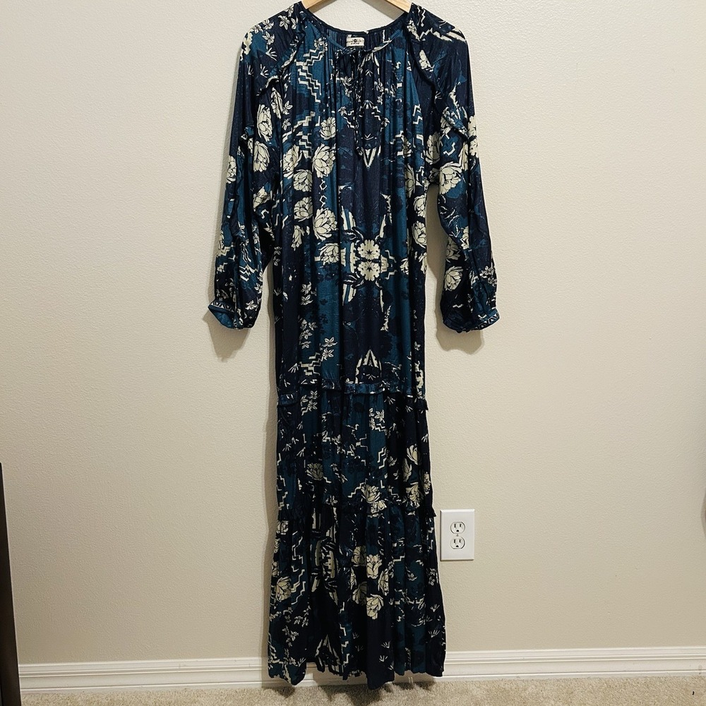 Natural Life Floral Maxi Dress Size Large Navy Tiered Ruffle Detail Bohemian